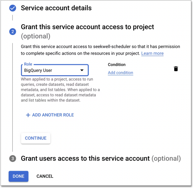 Grant user permission to BigQuery User