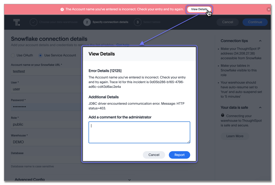 Display of error message details for a connection