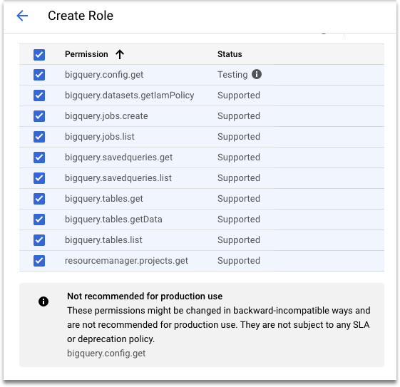 Add permissions window with the permissions listed earlier in the article selected