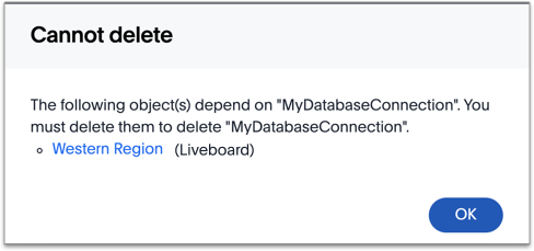 Cannot delete connection because of dependent objects warning
