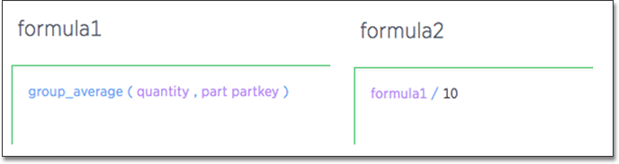 Image with 2 formulas from the formula builder. Formula1 is defined as group_average ( quantity