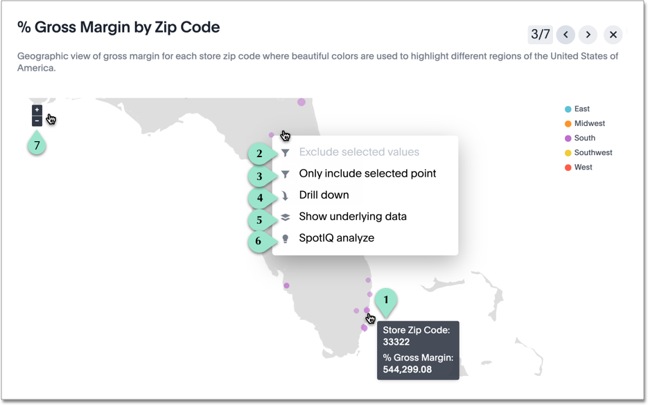 An image of a geo chart in presentation mode. There is a 1 next to the tooltip that appears when you hover the cursor over any data point. The numbers 2 through 6 appear next to the menu that appears when you right-click a data point: Exclude selected values