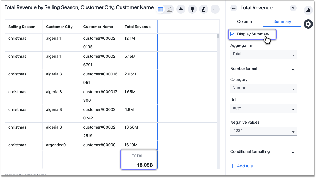 Enable or disable column summaries for one column