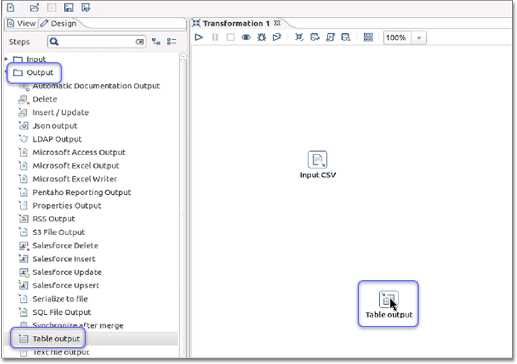 Drag table output to the transformation window