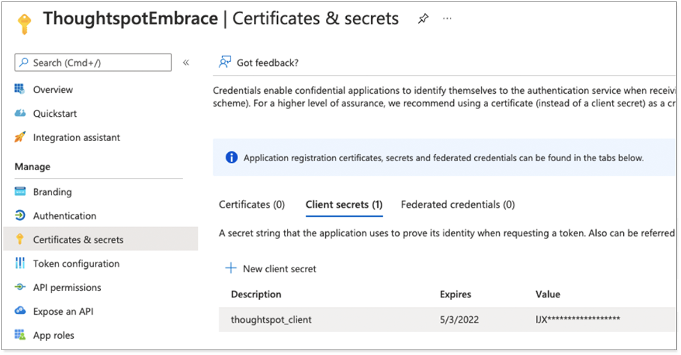 Select Certificates & secrets from the left navigation bar