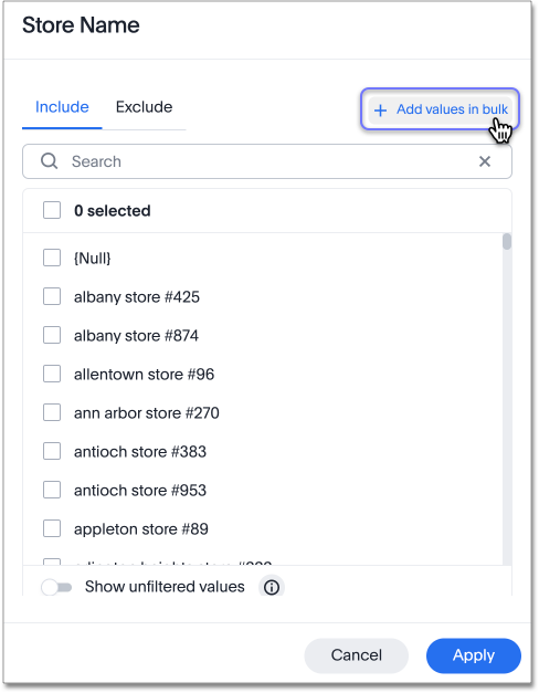 Select Add values in bulk at the upper right of the filter modal.