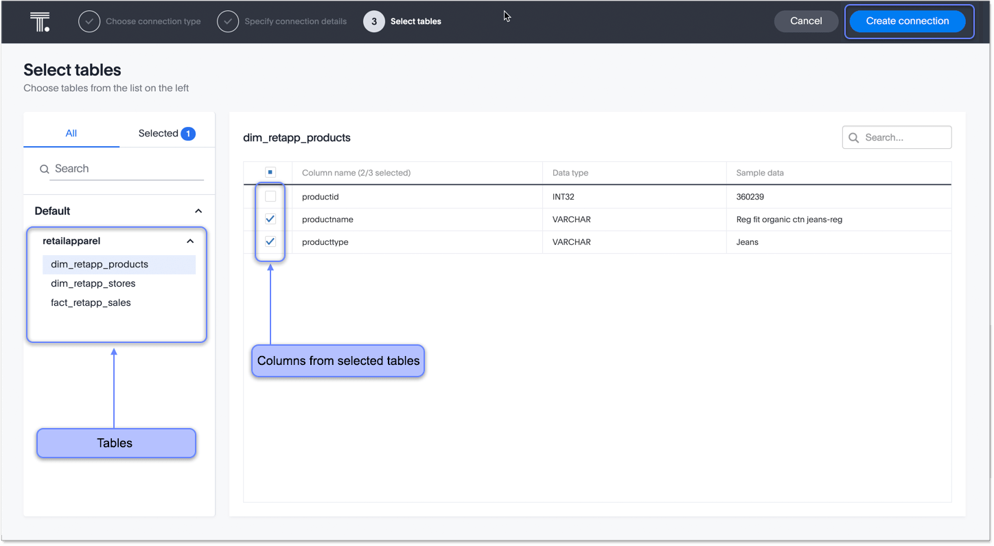 Select tables and columns for your connection