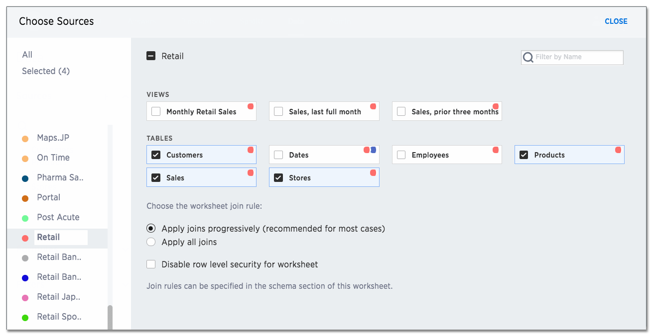 Apply joins progressively or apply all joins. Enable or disable row-level security for the worksheet